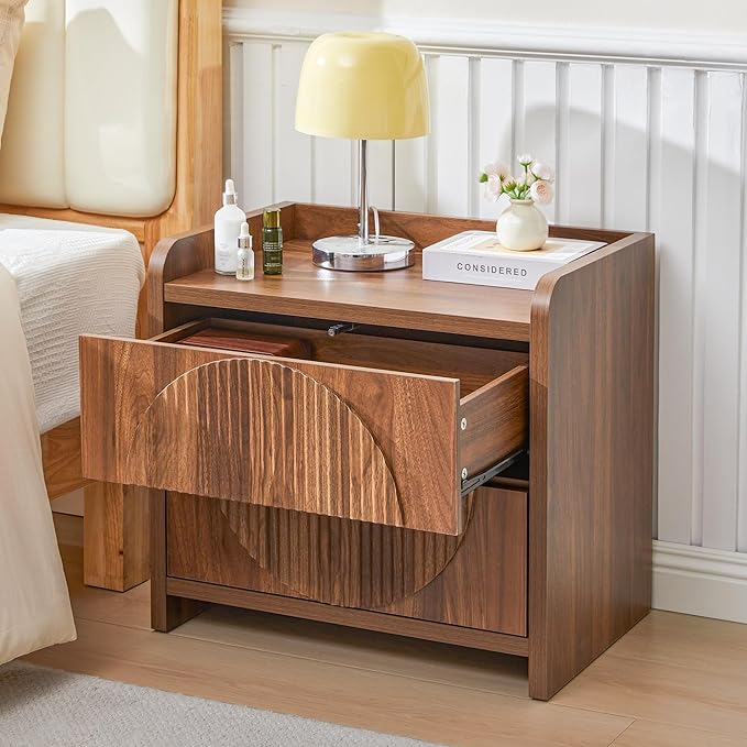 Turtle&Myrtle 24 Inch Wide Fluted Nightstands Set of 2, Large Night Stand with 2 Drawers, Mid Century Modern Bedside Table End Table with Storage for Bedroom Living Room Office (Walnut)