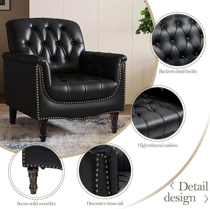 Pia Ricco Faux Leather Armchair Set of 2, Modern Accent Chairs with Nailhead Trim and Solid Wood Legs, Upholstered Comfort for Living Room, Office, Bedroom - Black
