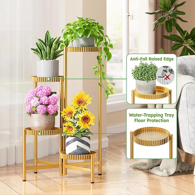 Stand Plants, 4 Tiers Metal Tiered Plant Stands for Outdoor Indoor,Heavy Duty Flower Pot Stands for Multiple Plants,Decoration Floding Tall Display Racks for Patio Porch -GoldFloroma