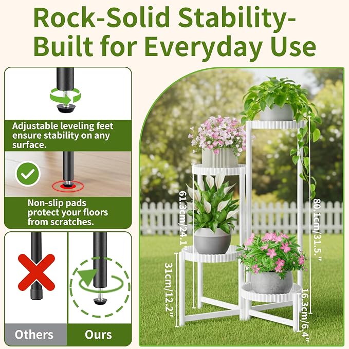 Metal Corner Plant Stand Indoor Outdoor, 4 Tier Tall Flower Pot Holder Potted Display Rack Shelf, Heavy Duty Flodable Plant Shelf for Patio Garden Balcony Living Room Bedroom - WhiteFloroma