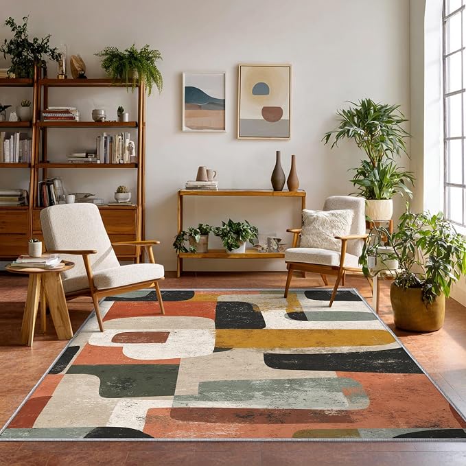 Mid Century Modern Rugs for Bedroom Decor, 5x6 ft, Abstract Geometric Area Rugs for Living Room, Soft Non Slip Washable Geo MCM Carpet Home Decorations Dt-Ghf-28