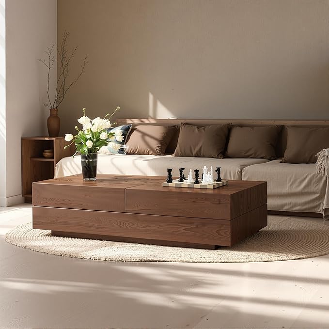 Mid-Century Modern Farmhouse 47.2-81.8" Expandable Coffee Table，Adjustable Center Table with Large Storage for Living Room, Walnut