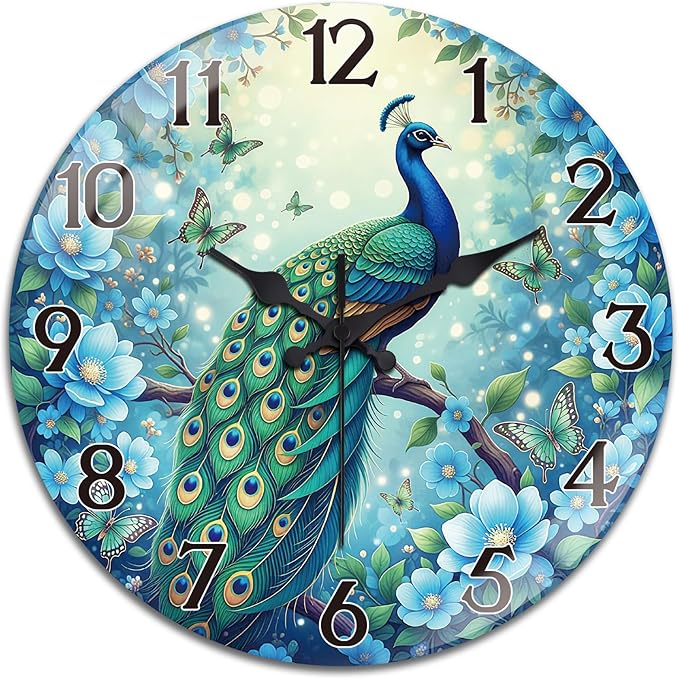 peacoblue Wall Clocks Battery Operated 12 Inch Peacock Glass Round Wall Clock Non Ticking for Kitchen Living Room Dining Room Bedroom and Bathroom Decor Accessories (Battery not Included)