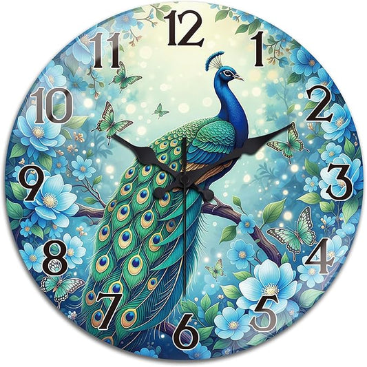 peacoblue Wall Clocks Battery Operated 12 Inch Peacock Glass Round Wall Clock Non Ticking for Kitchen Living Room Dining Room Bedroom and Bathroom Decor Accessories (Battery not Included)