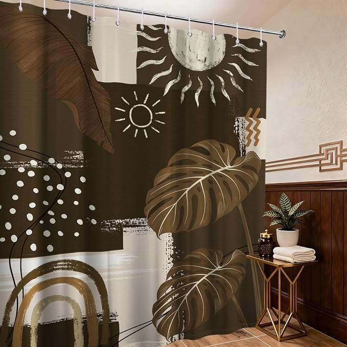 Dark Brown Mid Century Modern Shower Curtain Boho Abstract Khaki Earth Tone Shower Curtains for Bathroom Decor Sets, Waterproof Cloth Fabric with Hooks, 70 x 78 Inch