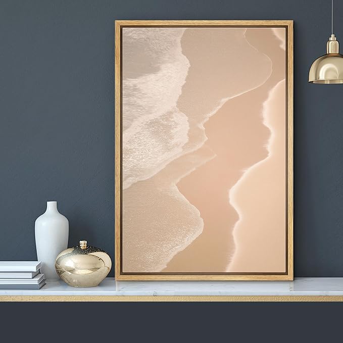 MUDECOR Framed Canvas Print Wall Art Soft Beige Aerial Beach Waves Minimalist Coastal Illustrations Minimalism Decorative Bohemian Colorful Zen for Living Room, Bedroom, Office - 24"x36" NATURAL