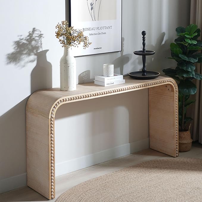Wood Console Table, 59" Retro Long Sofa Table Behind Couch with Real Wood Beads Decor, Wooden Narrow Sofa Table Hall Table for Living Room Foyer Entrance Entryway, Natural