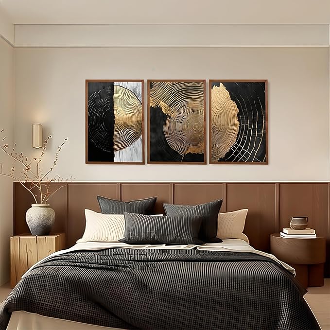 3Pcs Minimalist Abstract Black Golden Wall Art Vintage Tree Ring Wall Decor Pictures Modern Rustic Canvas Posters Prints for Living Room Office Hallway Home Decoration 12x16in Unframed