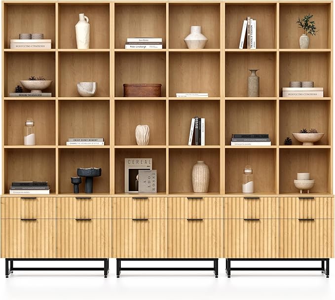 Fluted Bookshelves with Drawers Set of 2, 71" Tall Bookcases 4 Tier Display Cabinet Storage Floor Standing, Versatile Modern Large Book Shelf for Home Office Living Room (Natural Oak)