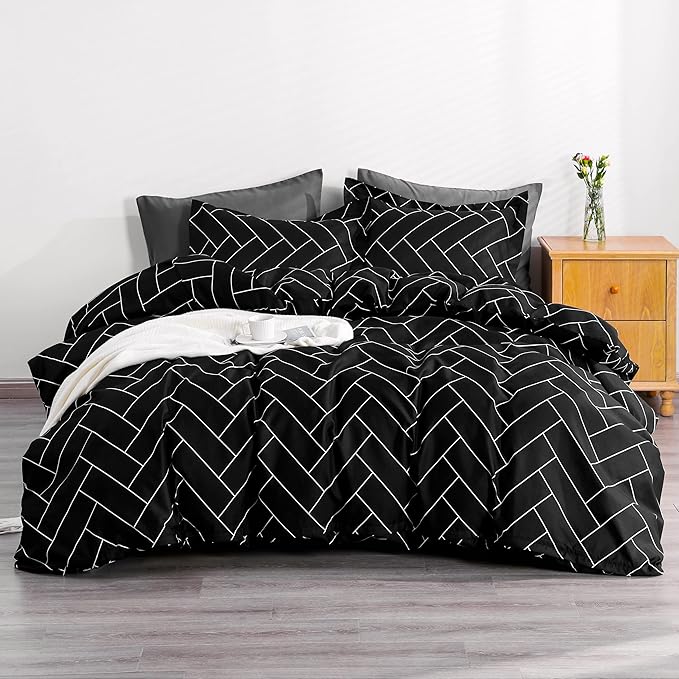 NTBAY Microfiber Twin Duvet Cover Set, 2 Pieces Ultra Soft Brick Printed Comforter Cover Set with Zipper Closure and Corner Ties, Black
