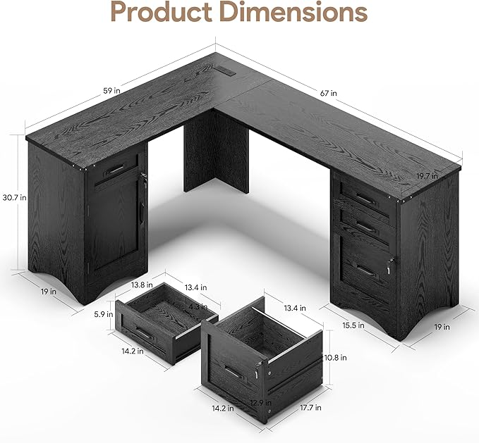 Decofy L Shaped Farmhouse Executive Desk with Drawers, 67" Home Office Desks with Fast Charging Station, Lockable File Cabinet, Wood Writing Computer Desk for Work, Study, Black