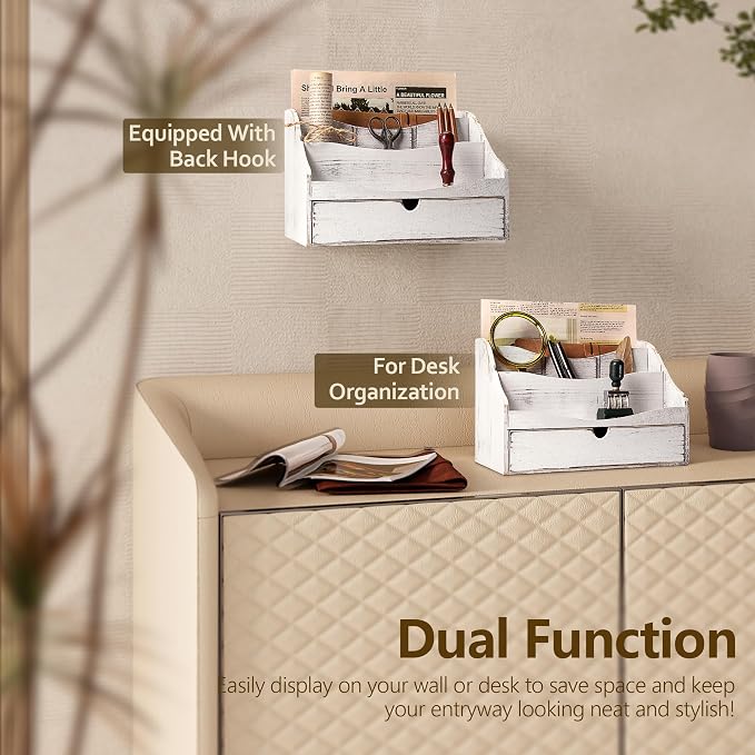 Pine Wood Mail Organizer for Desk - Charming Farmhouse Countertop Mail Sorter for Office Desk & Home Decor - Wooden Letter Organizer with Drawer & Dividers for Room Organization(Whitewash)