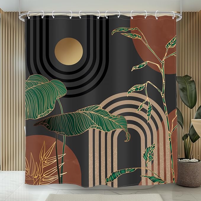 Glawry Brown Abstract Mid Century Shower Curtain Boho Retro Tropical Palm Tree Sun Arch Modern Bathroom Aesthetic Geometric 72Wx78L Inches Bath Accessories Art Home Decor Fabric 12 Pack Hooks