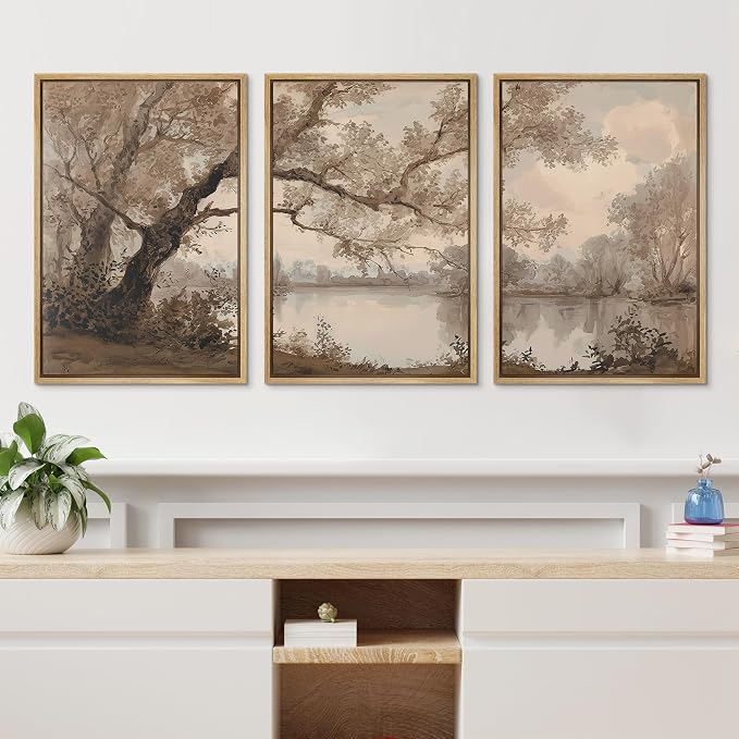 wall26 Framed Print Wall Art Set Sepia Watercolor Lakeside Tree Landscape Decorative Minimal Relax/Zen for Living Room, Bedroom, Office - 16"x24"x3 Natural