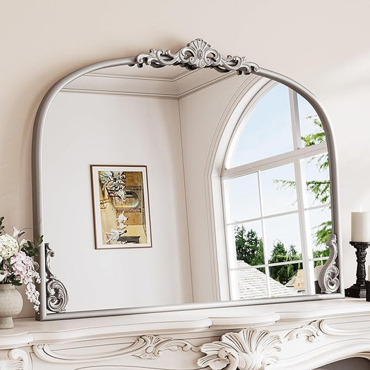 TETOTE Vintage Antique Silver Arched Mirror for Mantle Fireplace 40 x 30 Traditional Baroque French Ornate Wall Mirror with Metal Frame, French Cleat Mount