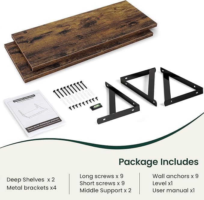 Floating Shelves, 12 Inch Deep Rustic Wood Wall Storage, 36W x 12D Wall Shelves Set of 2, Heavy Duty Metal Brackets, Large Industrial Book Shelf for Living Room, Kitchen, Bedroom, Brown