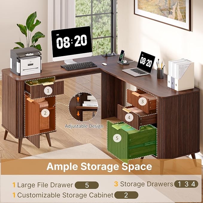 67" Fluted L Shaped Desk with File Drawer, Executive Home Office Desk with Power Outlet & Type-C Port, Corner Computer Desk with 3 Storage Drawers and Cabinet, Writing Desk for Study, Walnut