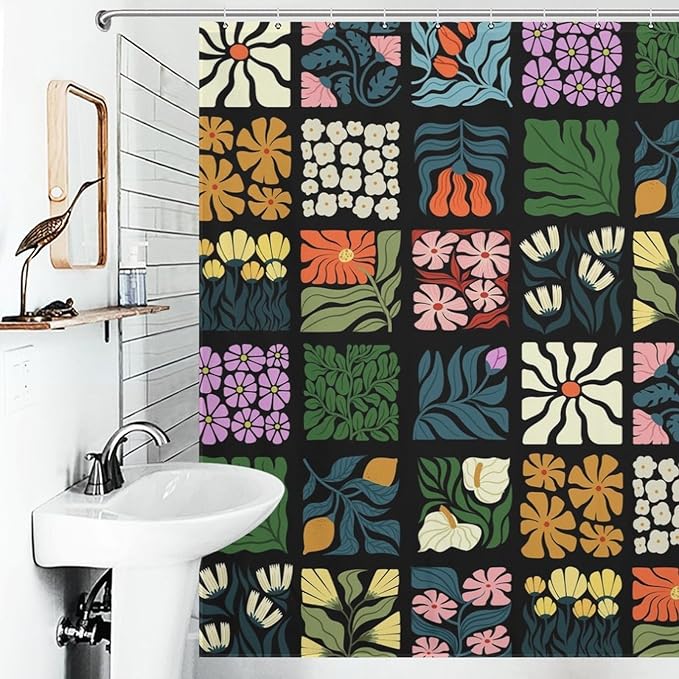 Vintage Floral Plant Lattice Shower Curtains Colorful Spring Flower Farmhouse Mid Century Cafe Washable Waterproof Fabric for Bathroom Decor Bathtub with 12 Hooks 72x72in (183x183cm)