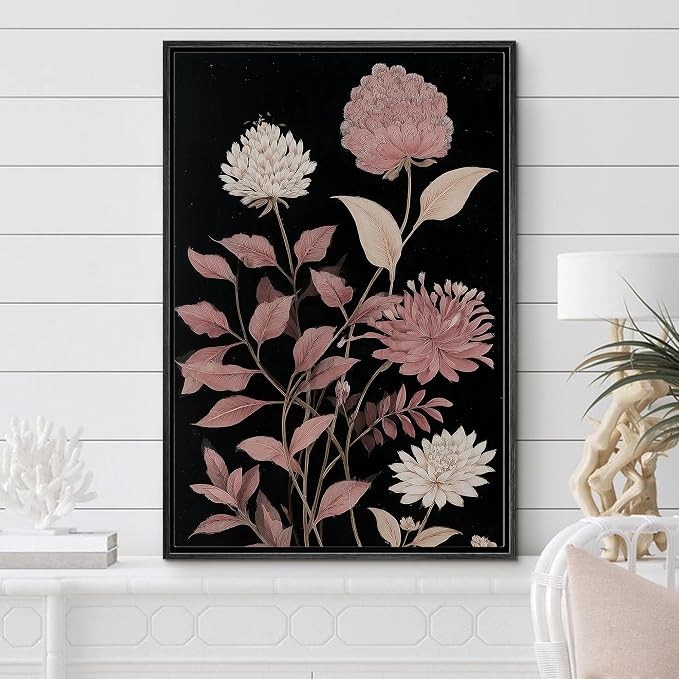Woodrose Framed Canvas Print Wall Art Soft Pink Floral Arrangement Vintage Style Botanical Illustrations Modern Art Minimalist 3D Colorful Ultra for Living Room, Bedroom, Office - 24"x36" BLACK