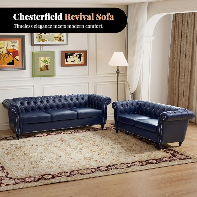 LEVNARY Chesterfield Sofa, 3 Seater Tufted Couch for Living Room, Classic Button Tufted Upholstered Sofa, Modern Mid-Century PU Leather Sofa (Blue)