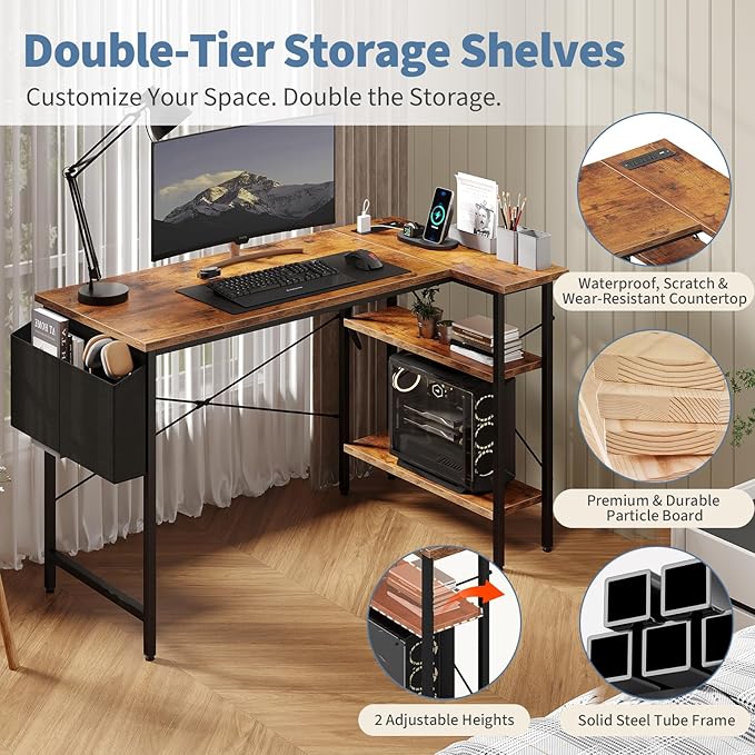 DUMOS 39" Corner Gaming Desk, L Shaped Computer Desk with 3AC+2USB+1Type-C Power Strip, Storage Shelves & Side Hanging Fabric Organizer, Rustic Brown Gaming Workstation for Home Office and Bedroom