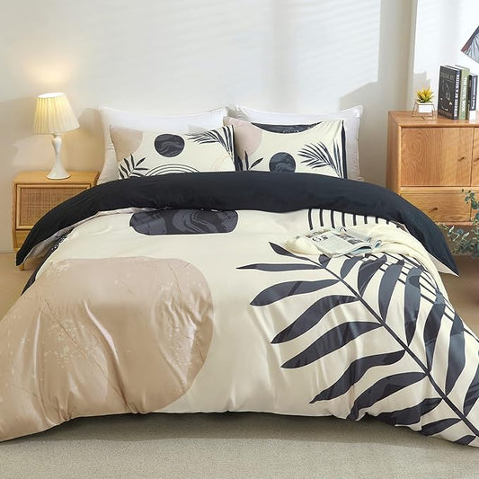 Hilioens Boho Duvet Cover Queen Black Abstract Arch Sun Modern Mid Century Boho Bedding Sets for All Seasons, 3 Pieces Home Bedroom Decorations Soft Microfiber