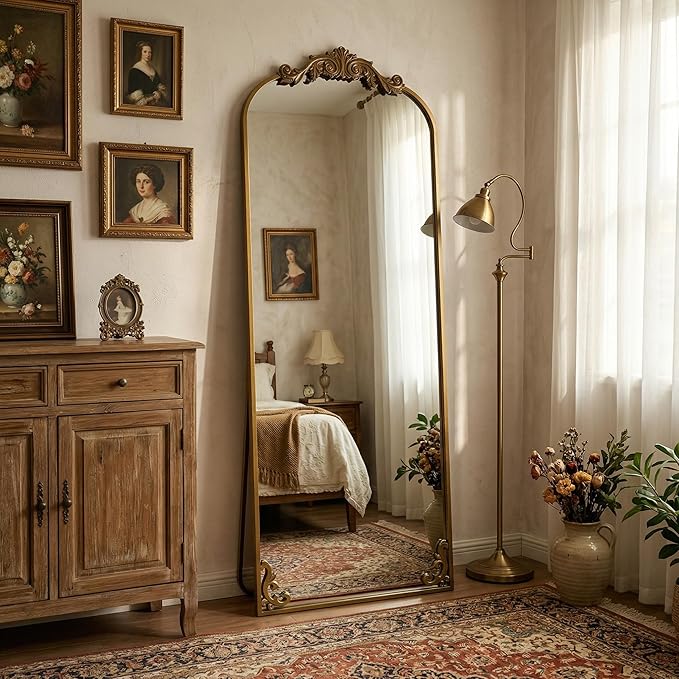 HARRITPURE Vintage Full Length Mirror - 64"x21" Arched Large Floor Standing Mirrors, Baroque Carved Aluminum Frame for Bedroom, Living Room, Entryway,Bronze