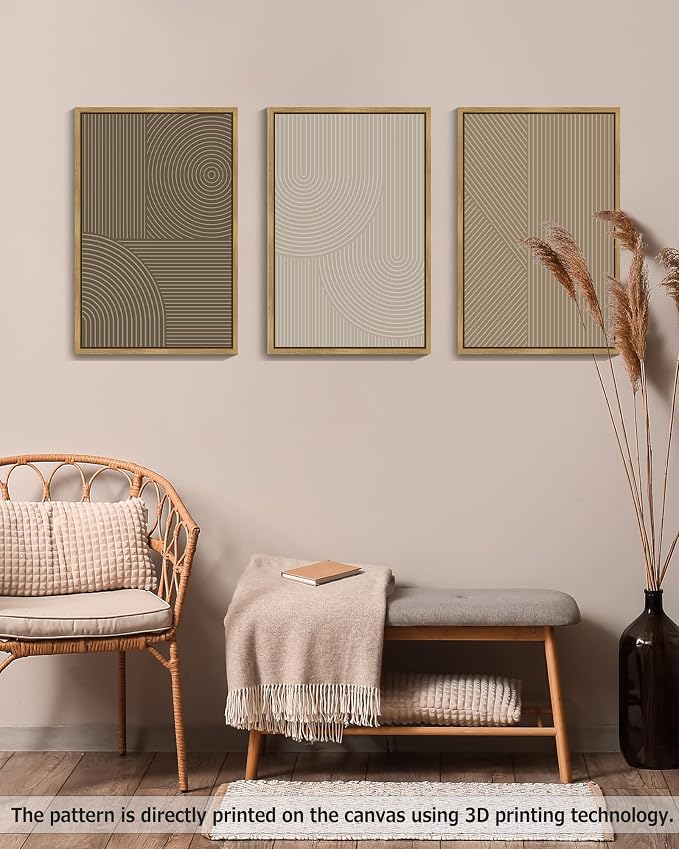 PHOPAGO 16x24in Large Minimalist Abstract Framed Wall Art Modern Boho Neutral Line Wall Decor Geometric Artwork Bedroom Living Room Natural Framed
