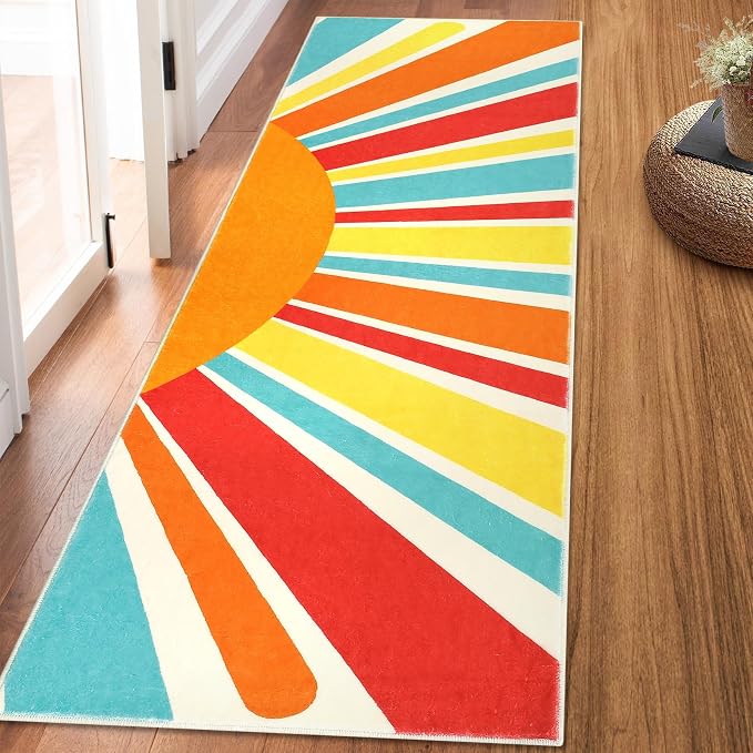 Garvee Sun Runners Rug, 2x6 Washable Non Slip Low-Pile Rugs with Rainbow Sun Abstract Print, Stain Resistant Rug Runner for Hallway Kitchen Entryway Laundry Bathroom Living Room, Colorful Red
