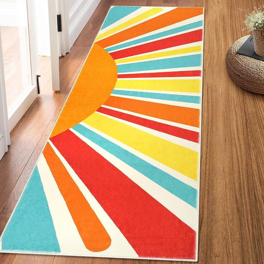 Garvee Sun Runners Rug, 2x6 Washable Non Slip Low-Pile Rugs with Rainbow Sun Abstract Print, Stain Resistant Rug Runner for Hallway Kitchen Entryway Laundry Bathroom Living Room, Colorful Red