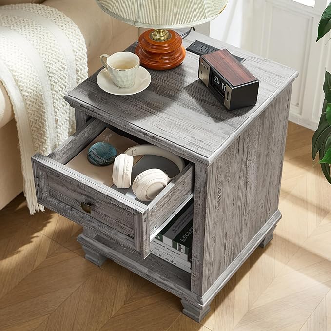 Farmhouse End Tables Living Room with Drawer, Rustic Wood Nightstand with Charging Station, Bedside Table with Open Shelf for Bed Room, Living Room, Grey