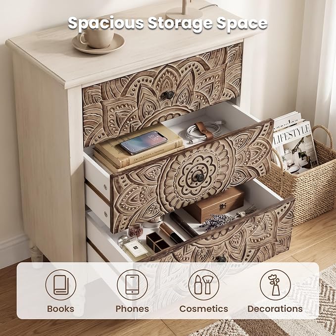 HOMPUS White 3 Drawer Dresser, Farmhouse Nightstand with 3 Drawers, Wood Night Stand with Lotus Carved Pattern, Vintage Nightstand with Storage, Small Chest of Drawers for Bedroom, Living Room, White