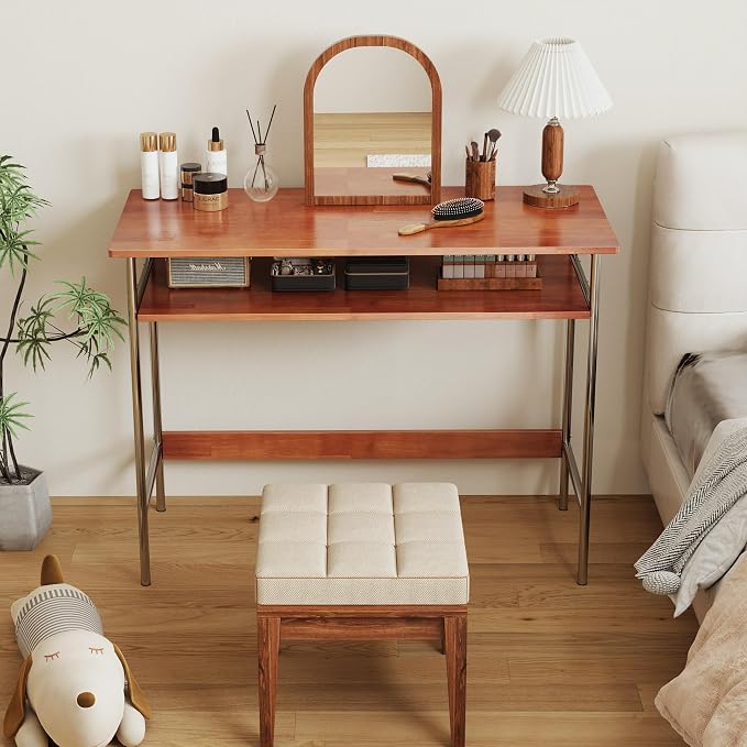 100% Solid Wood Desk, 39 Inch Writing Computer Desk for Small Spaces, Vintage Home Office Desks, Mid Century Modern Desks with Thickened Stainless Steel Legs for Study, Makeup & Workstation (Cherry)