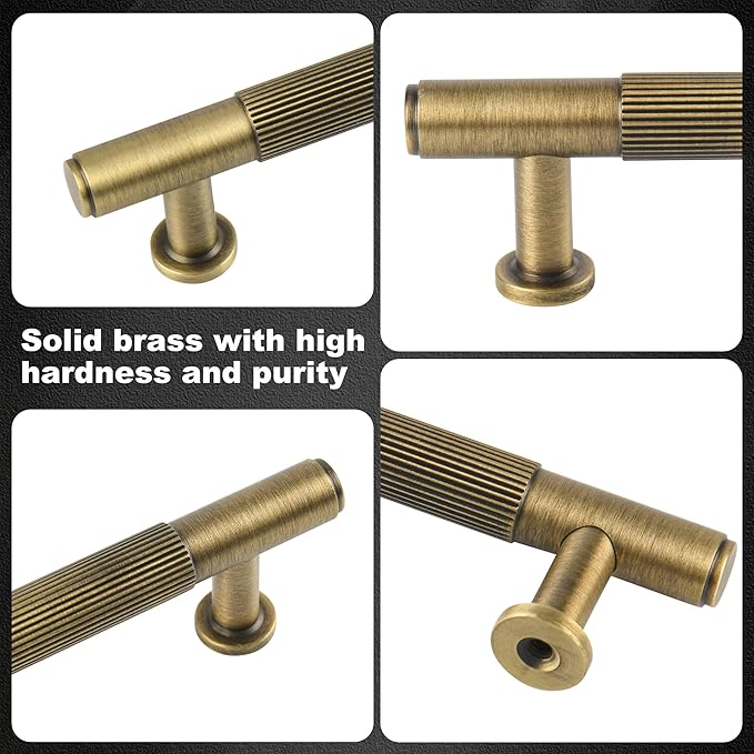 5 Pack Antique Brass Kitchen Cabinet Pulls, 3-3/4 Inch Solid Brass Dresser Drawer Handles， Modern Door Pulls for Cupborard Wardrobe Closet Vanity Furniture Hardware