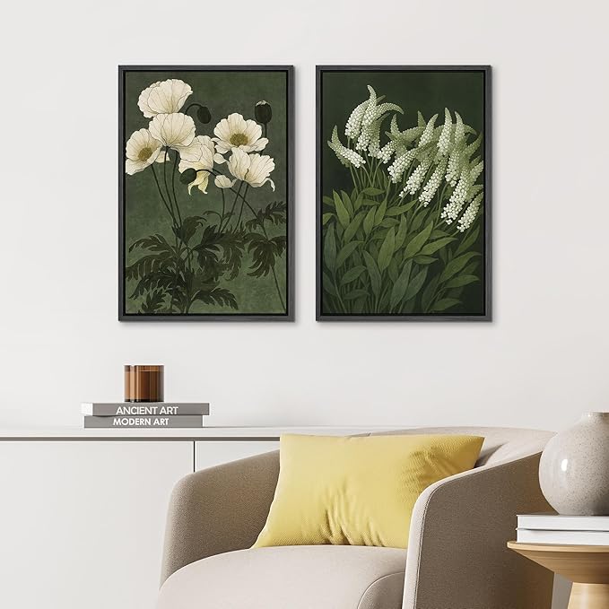 IDEA4WALL Framed Canvas Print Wall Art Set White Bloom Botanical Elegant Green and Cream Floral Illustrations Modern Art Decorative Calm/Zen for Living Room, Bedroom, Office - 24"x36"x2 Black