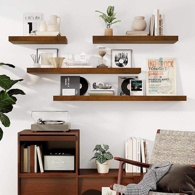 Fun Memories Floating Shelves, 9.3'' Deep Solid Pine Wood Wall Shelves for Storage, Wall Mounted Display Shelf with Invisible Heavy-Duty Metal Bracket, 24'' Width Set of 2, Walnut