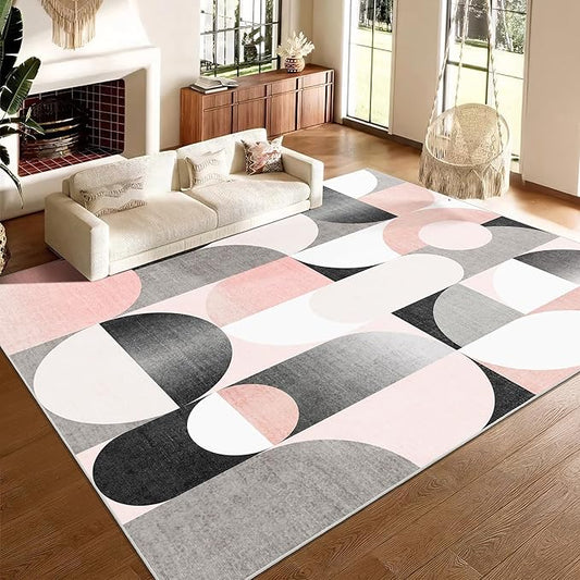 Large Pink Floral Area Rugs 9x12 Washable Rug for Living Room Bedroom Dining Room,Modern Non Slip Carpet,Blush Grey Black