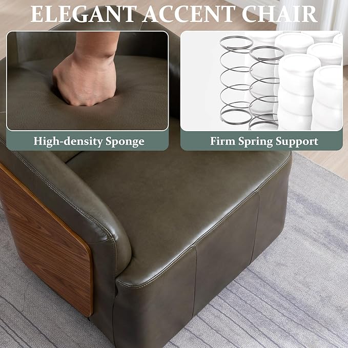 Genuine Leather Swivel Accent Chair Swivel Barrel Chair Comfortable Mid Century Modern Chair Upholstered Metal Base Armchair for Living Room Bedroom Office Large Olive Green