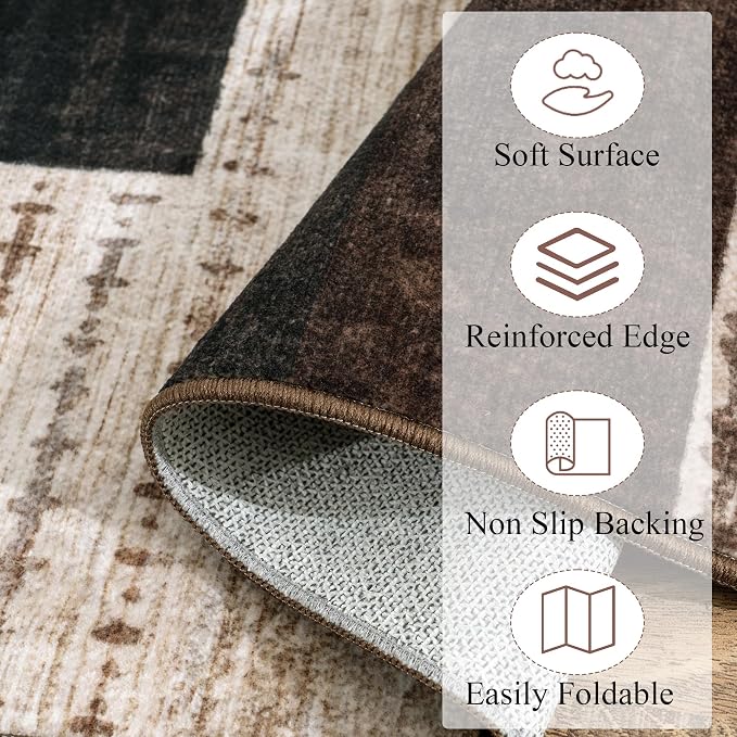 Modern Geometric Patchwork Indoor Runner Rug for Living Room, Chocolate 2.7'x 8' Rug Rockwood Collection Hardwood Floors Decor for Bedroom, Brown Throw Carpet for Office Entryway Dining Room
