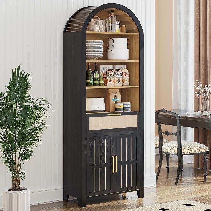 81" Tall Arched Bookcase, 4 Tiers Arch Bookshelf with Doors Storage and Drawer, Modern Farmhouse Book Shelf with Adjustable Shelves, Wood Bookshelf w/Open Display for Living Room, (Black/Natural, 2PC)
