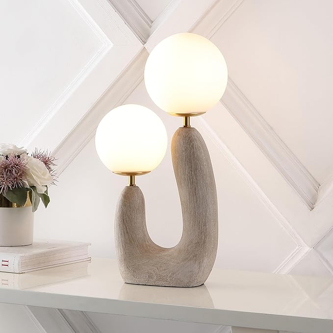 JONATHAN Y 18" Gray Wood Finish 2-Light Mid-Century Scandinavian Resin Cactus LED Table Lamp, Brass Iron Accents, Frosted Glass Globe Shades, LED Bulbs Included JYL4064A