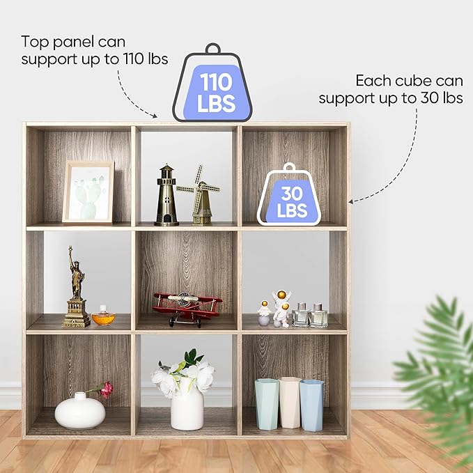 SUPER DEAL 9 Cube Open Shelf Bookcase, 3 x 3 Storage Organizer Shelf with 5 Removable Back Panels Wood Bookshelf System Display Rack for Home, Office, Bedroom, Living Room, Oak