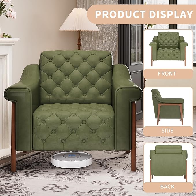 EJUNQ Faux Leather Accent Chair, Mid-Century Modern Armchair, Retro Upholstered Armchair Accent Chair Club Chair for Living Room, Bedroom, Waiting Room, Office, Green