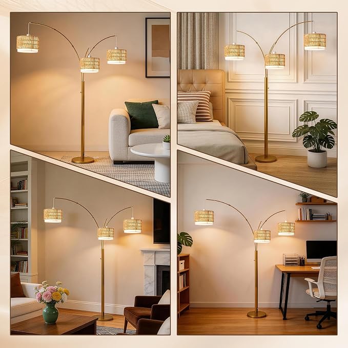 Gold Arc Floor Lamp for Living Room, Boho Floor Lamp with Stepless Dimmable Switch, Rattan Standing Lamp with Wicker&Fabric Shade, Mid Century Tall Lamp for Bedroom Over Couch Reading