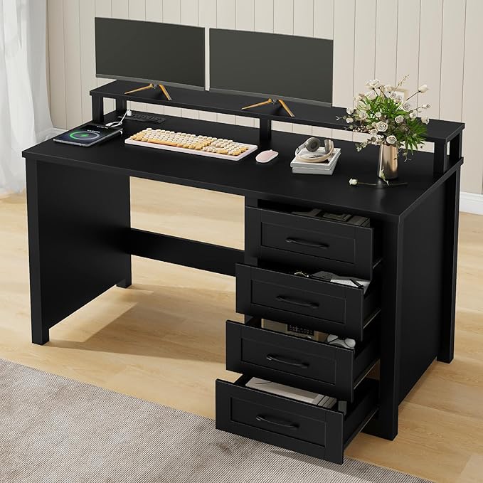 Vabches 47" Farmhouse Executive Desk with Monitor Stand and LED Lights,4 Drawers Computer Desk with Power Outlets,Large Workspace for Work Study Writing.(Pure Black)