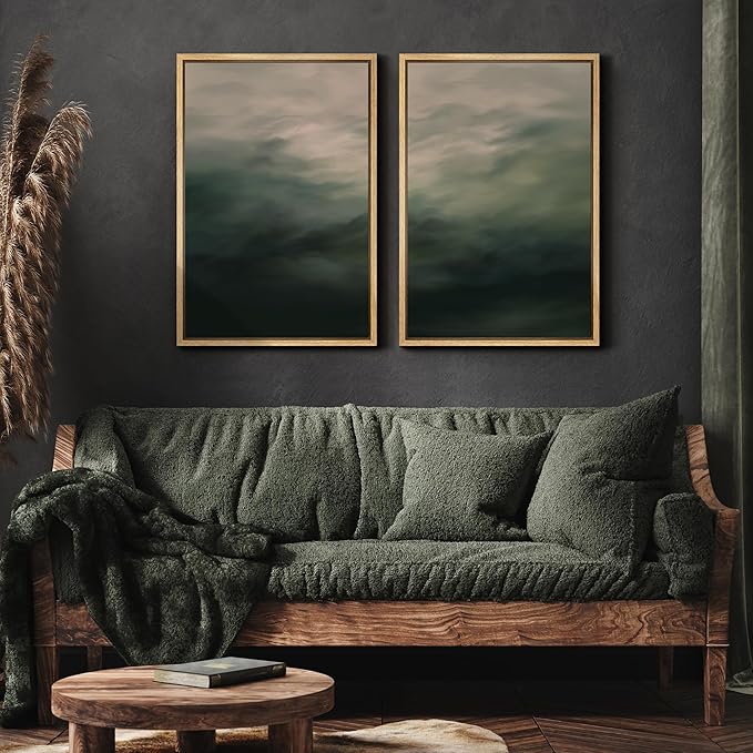MUDECOR Framed Canvas Print Wall Art Dark Green Abstract Misty Landscape Moody Illustrations Modern Art Decorative Chic for Living Room, Bedroom, Office - 16"x24"x2 Natural