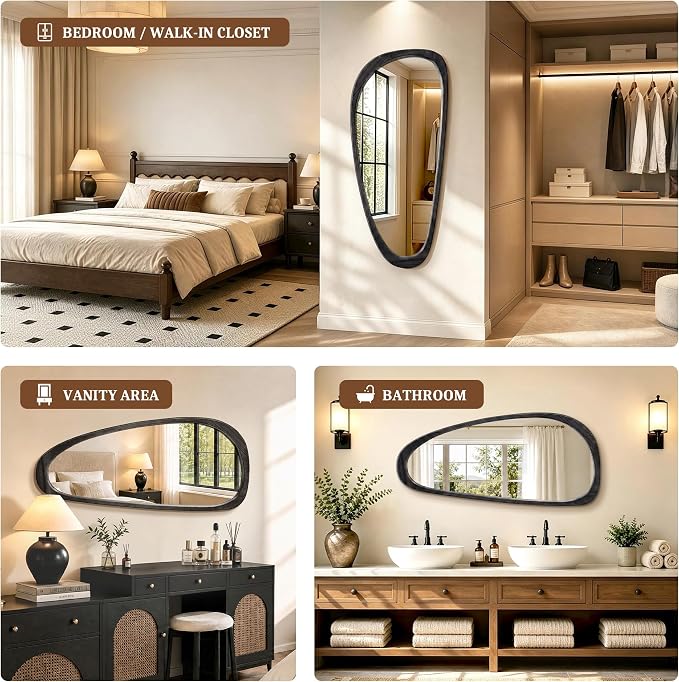 Asymmetrical Mirror, 48"x22" Irregular Mirror Full Length, Wood Wall Mirror for Bathroom Bedroom Living Room Entryway Hallway, Mid Century Modern Decor (Black)