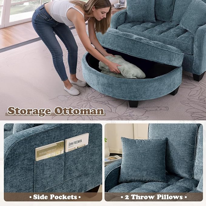 Oversized Chaise Lounge Chair Indoor with Ottoman, Chenille Tufted Comfy Loveseat Sofa Chair with Adjustable Backrest, Fluffy Recliner Sofa, Convertible Sleeper Couch Bed for Living Room(51"W, Blue)
