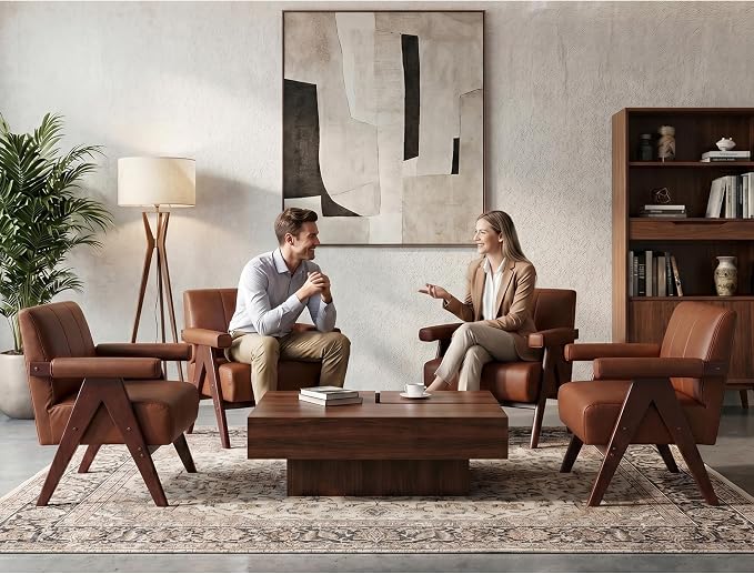 AODAILIHB Mid Century Modern Accent Chairs Set of 2, Solid Wood Frame Brown Leather Armchairs, Modern Reading & Living Room Chairs for Office Guest & Waiting Room