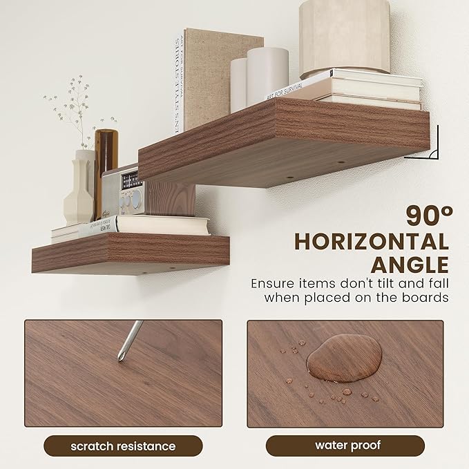 Deep Floating Shelves | 24 Inch Walnut Floating Shelves Set of 2 | 12 Inch Deep Rustic Wood Shelves for Wall | 24" W x 12" D Walnut Shelves for Living Room Bathroom Laundry Room Kitchen